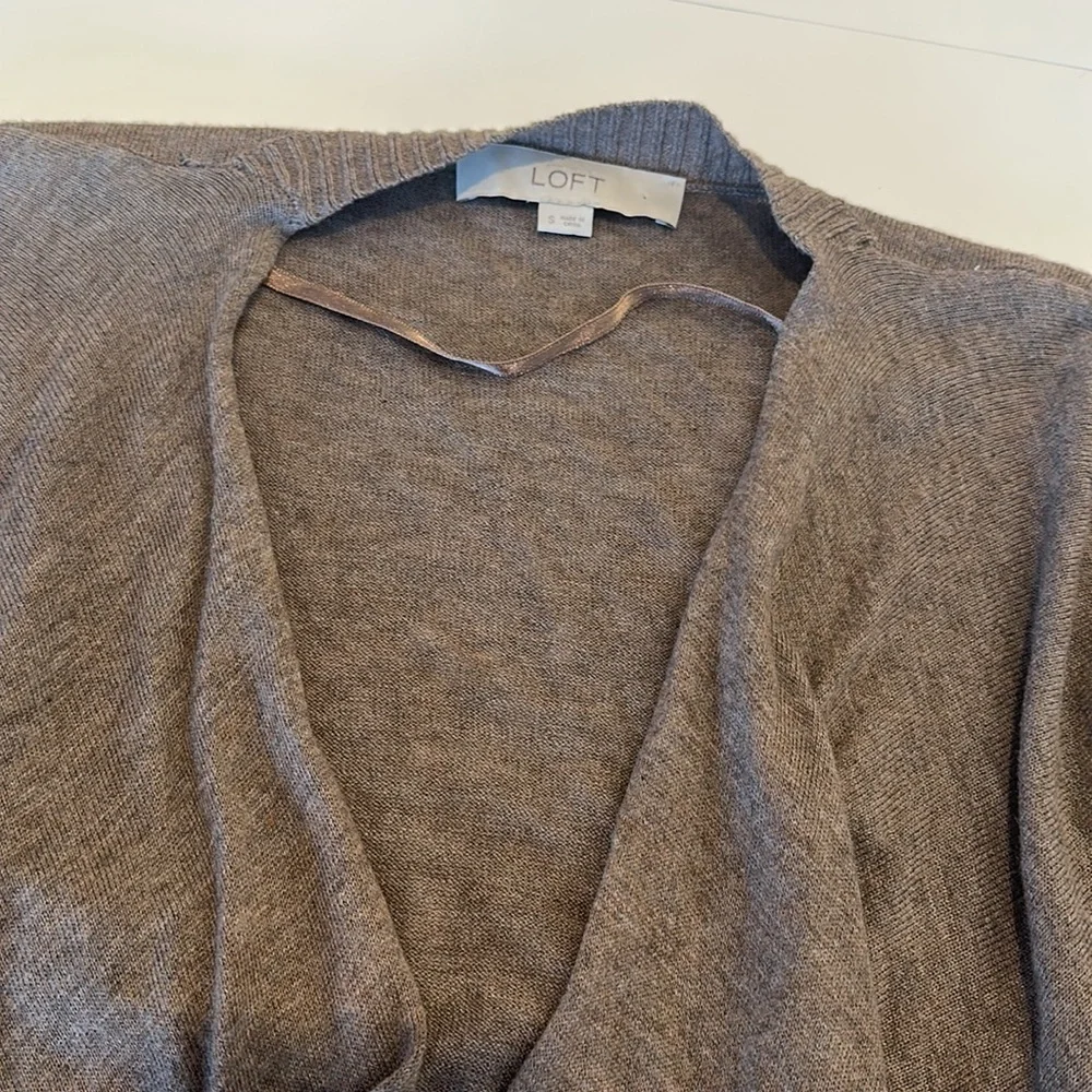 LOFT wool blend draped wrap cardigan sweater jacket light soft S brown taupe